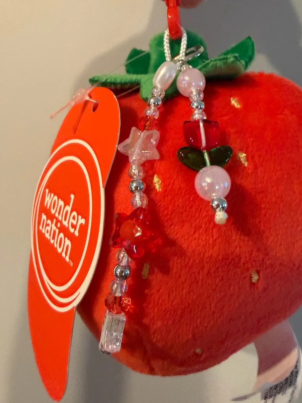 NWT Wonder Nation Girls Strawberry Plush Keychain Beaded Bag Backpack Charm, Red